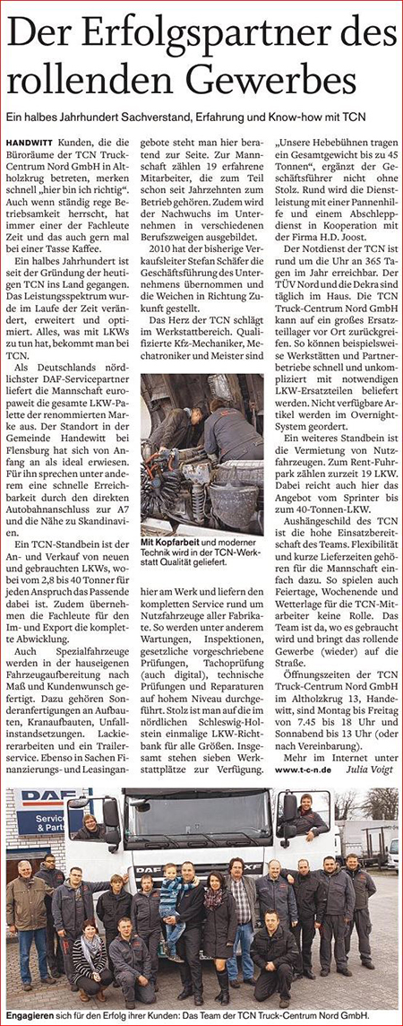 Firmenprofil TCN SHZ Zeitungsartikel